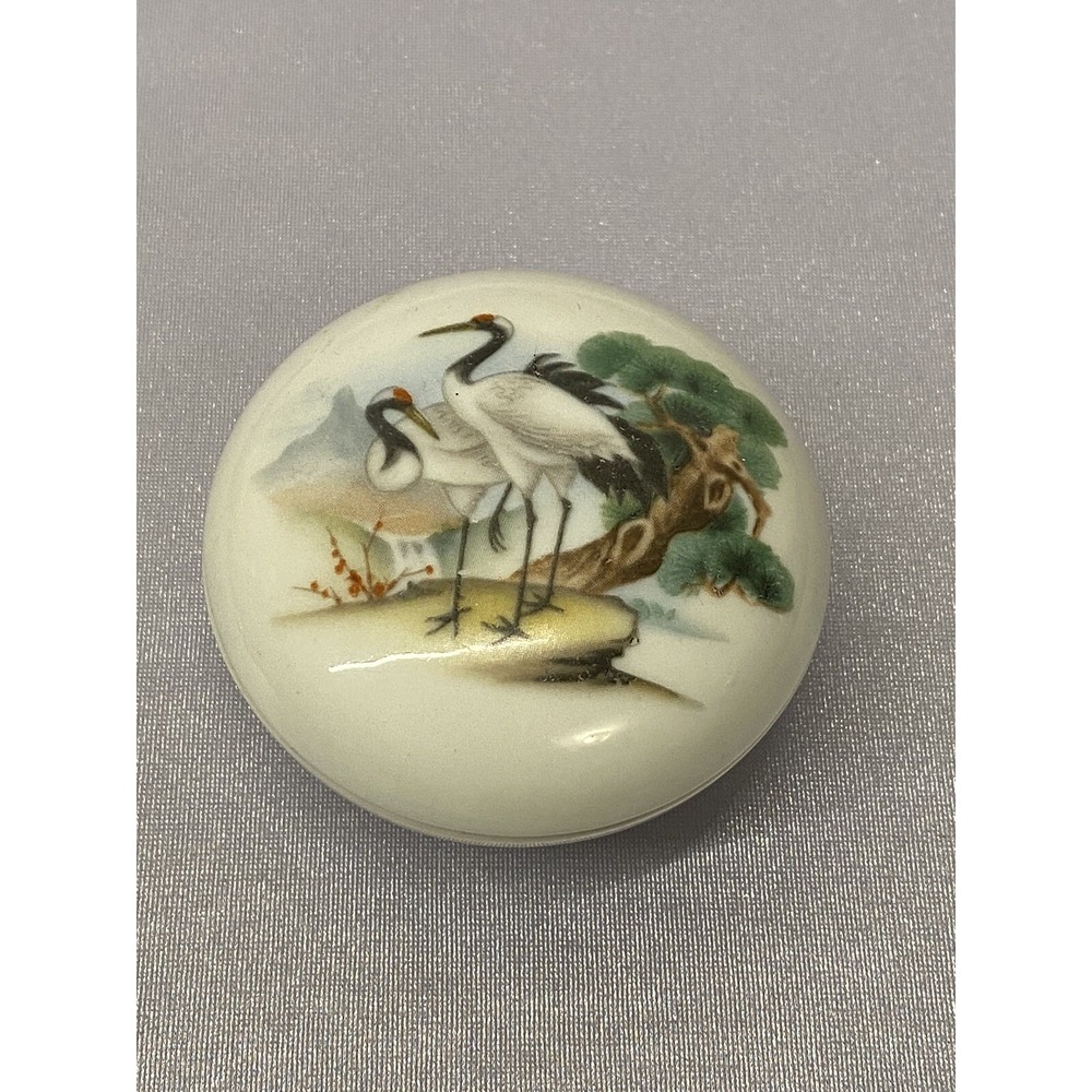 VNTG Asian Porcelain Lidded Trinket / Jewelry Box 2 Cranes Symbol Of Longevity +